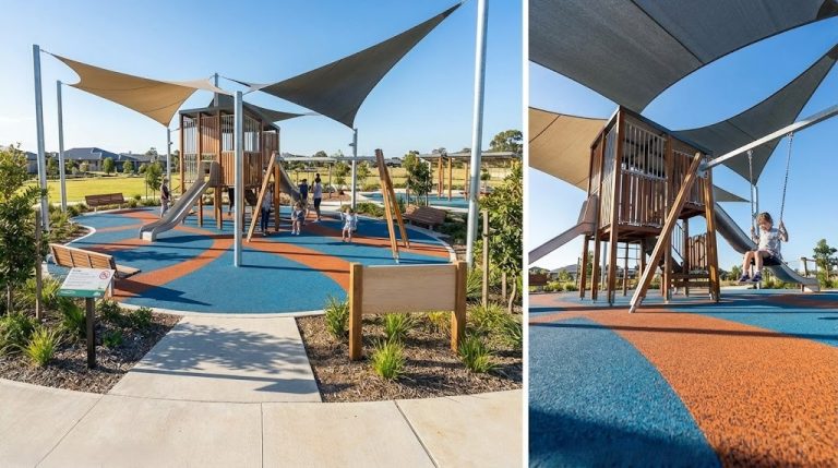 Design and execution of a modern outdoor kids playground featuring two-tone EPDM rubber safety flooring, contemporary climbing structures, swings, slides, and protective shade sail canopies