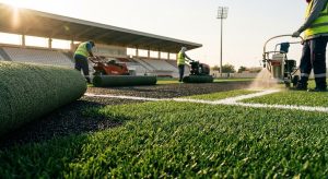 Artificial turf installation for a professional football field in the UAE with technicians applying infill and field markings on a high-quality sports surface