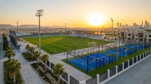 Completed turnkey sports facility in the UAE featuring a professional football field, LED floodlights, modern fencing, and ready-to-use sports infrastructure